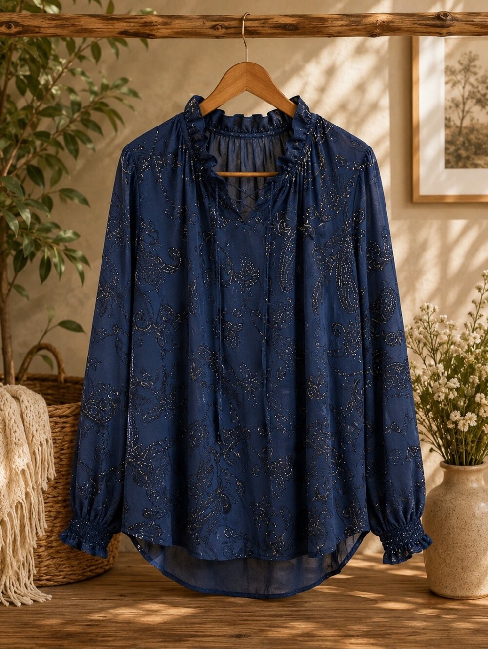 Time and Tru Navy Blue Metallic Paisley Ruffle-Neck Tunic Blouse